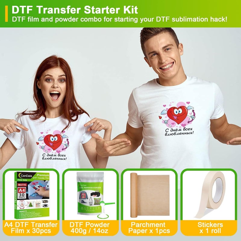 CenDale DTF Sublimation Kit - 30 Sheets A4 DTF Film for Sublimation Hack, 14oz DTF Powder White，DTF Transfer Starter Kit, Hot & Cold Peel DTF Transfer Film and Powder Kit for DTF & Sublimation Printer - Image 2